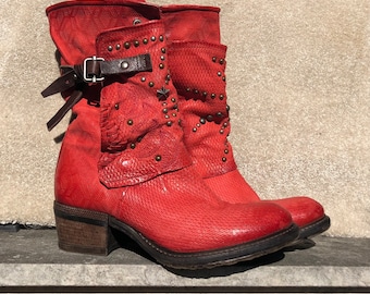 A.S.98 Airstep 39 Booties Red Studded Booties Red Midcalf Booties Red Round Toe Studded Boots Red Leather