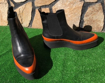 Musette 39 Boots Platform Boots Plateau Boots Chunky Sole Boots Clubbing Boots Steampunk Boots Black Orange Leather