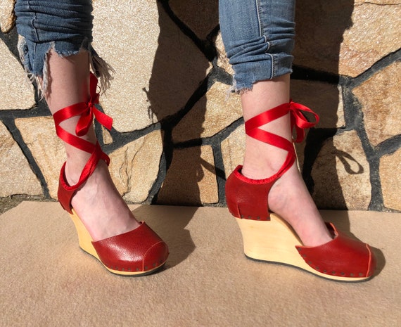 Trippen 38 Wooden Sandals Red Leather Birthday Party Lolita Wedding Handmade Vintage Schoenen damesschoenen Sandalen Open sandalen 