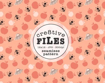 bees and apples seamless pattern JPG - Repeat Tile - Repeatable Digital Design - Seamless background - pink seamless repeating pattern