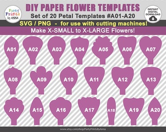 20 SVG Paper Flower Templates, Petal Templates A01-A20,diy Giant Large Paper Flower Templates, svg png, vector, molde de flores de papel