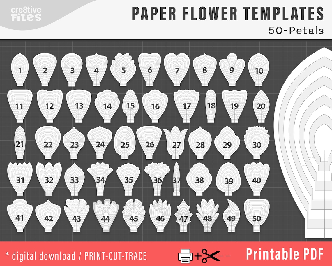50 PDF PRINTABLE Paper Flower PETAL Templates Diy Large Paper | Etsy