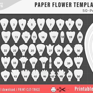50 modelli di PETALI di fiori di carta stampabili in PDF, modelli fai da te di grandi fiori di carta, modelli di fiori di carta stampa-taglia-traccia