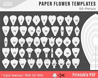 50 modelli di PETALI di fiori di carta stampabili in PDF, modelli fai da te di grandi fiori di carta, modelli di fiori di carta stampa-taglia-traccia