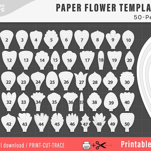 50 PDF-DRUCKBARE Papierblumen-BLÜTENBLÄTTER-Vorlagen, DIY große Papierblumen-Vorlagen, Molde de Flores de Papel / Drucken-Schneiden-Nachzeichnen-Blumenvorlagen