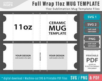 May include: A template for a 11oz ceramic mug, showing the design area for a full wrap sublimation mug. The template includes SVG and PNG cut-out versions, as well as a printable PDF.
