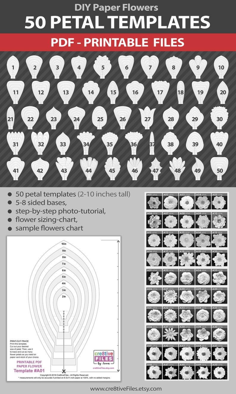 50 PDF PRINTABLE Paper Flower PETAL Templates, diy large Paper Flower Templates, molde de flores de papel / print-cut-trace flower templates image 3