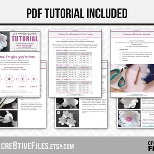 May include: DIY paper flower tutorial with instructions on cutting out shapes for different sizes of flowers, assembling the layers, and gluing them together. The tutorial includes a list of materials needed, such as card stock, scissors, and glue.