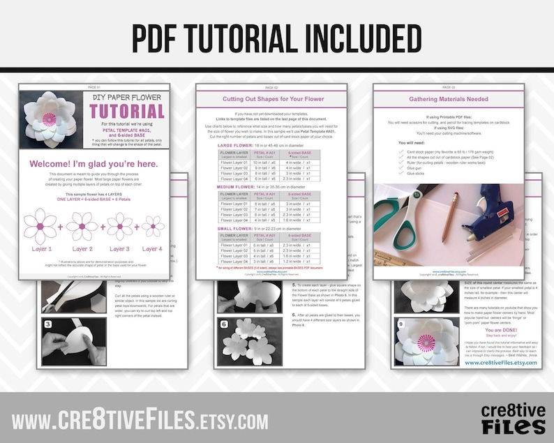 May include: DIY paper flower tutorial with instructions on cutting out shapes for different sizes of flowers, assembling the layers, and gluing them together. The tutorial includes a list of materials needed, such as card stock, scissors, and glue.