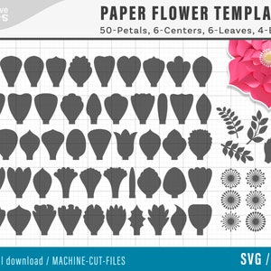 SVG papieren bloemsjablonen, SET van 50 bloemblaadjes, 4 basissen, 6 centra en 4 bladeren | gigantische papieren bloemsjablonen, Molde de Flores de Papel