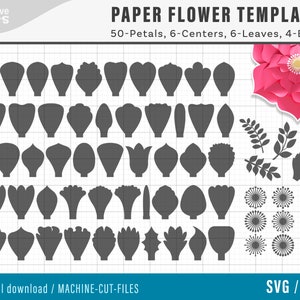 SVG Papierblume VORLAGEN, SET mit 50 Blütenblättern, 4 Basen, 6 Zentern und 4 Blättern | riesige Papierschablonen, molde de flores de papel