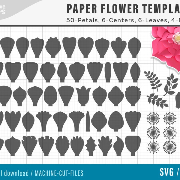 SVG Papierblume VORLAGEN, SET mit 50 Blütenblättern, 4 Basen, 6 Zentern und 4 Blättern | riesige Papierschablonen, molde de flores de papel