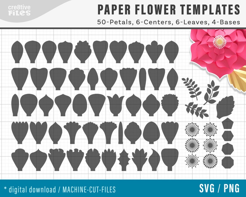 SVG Paper Flower TEMPLATES, SET of 50 Petals, 4 Bases, 6 Centers, and 4 Leaves | giant paper flower templates, molde de flores de papel