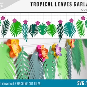 Può includere: Un download digitale di file di taglio per una ghirlanda di foglie tropicali. L'immagine mostra una ghirlanda di foglie verdi con fiori rosa. Il testo "TROPICAL LEAVES GARLAND" e "Cut-Files" è nella parte superiore dell'immagine. Il testo "* digital download / MACHINE-CUT-FILES" è nella parte inferiore sinistra dell'immagine. Il testo "SVG / PNG" è nella parte inferiore destra dell'immagine.