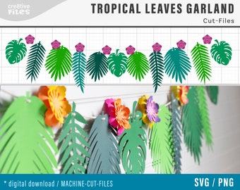 SVG Cut Files - Tropical Leaves Banner, tropical luau DIY party decorations, leaves bunting svg banner files, cricut, silhouette cut files