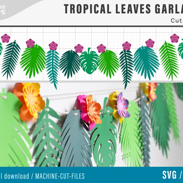 SVG Cut Files - Tropical Leaves Banner, tropical luau DIY party decorations, leaves bunting svg banner files, cricut, silhouette cut files