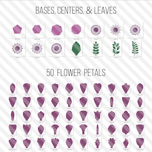 May include: A digital download of 50 flower petal SVG files, perfect for crafting and paper cutting. The image shows a variety of petal shapes in a purple color.