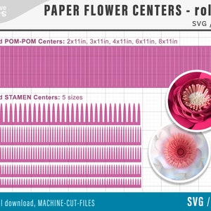 Puede incluir: Descarga digital de archivos SVG y PNG para centros de flores de papel. La imagen muestra una cuadrícula con diferentes tamaños de centros de pompones y estambres enrollados. El texto dice "Centros de POM-POM enrollados: 2x11 pulgadas, 3x11 pulgadas, 4x11 pulgadas, 6x11 pulgadas, 8x11 pulgadas" y "Centros de ESTAMBRES enrollados: 5 tamaños".