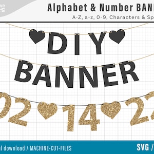 Arquivos de corte SVG de BANNER de letras e números, arquivos de corte SVG de banner de alfabeto DIY, nome ou data personalizado, A-Z a-z, 0-9, banner numérico, letras suspensas