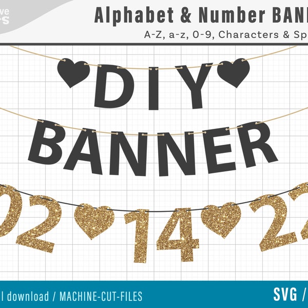 Letter & Number BANNER SVG cut files, DIY alphabet Banner svg cut files, custom name or date, A-Z a-z, 0-9, number banner, hanging letters