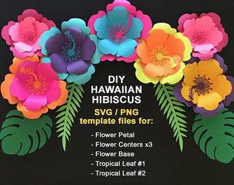 svg Paper Flower Hibiscus Template, TROPICAL SET:Hawaiian Flower,3 Centers,2 Tropical leaves, base. DIY Tropical Flowers, cricut, silhouette