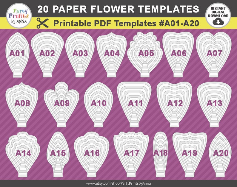 Printable PDF Paper Flower Templates set of 20 printable ...