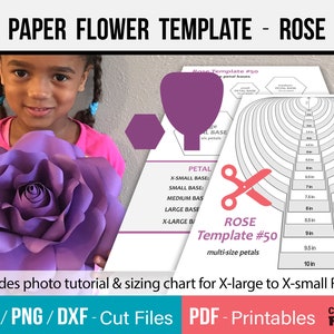 Modèle de fleur de papier, SVG et PDF imprimable - modèle de rose de papier, modèle de rose de papier de bricolage, fleurs de papier géantes, fichiers coupés à la main ou coupés à la machine