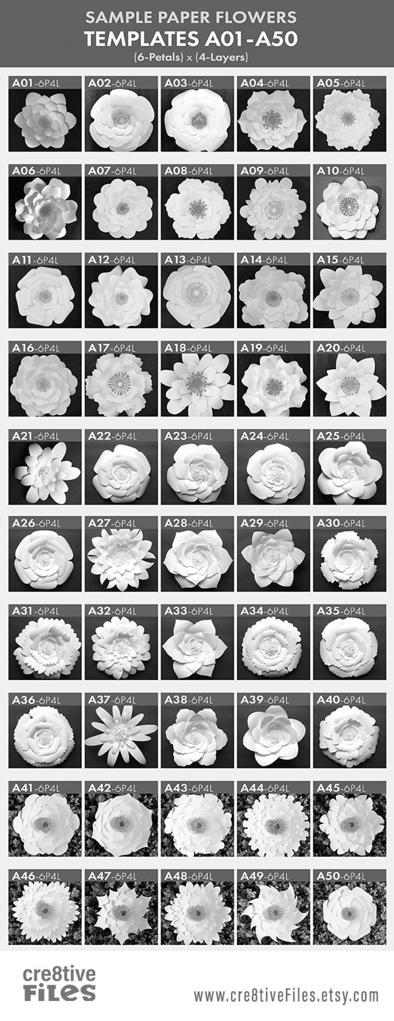 May include: A set of 50 printable paper flower templates, each with 6 petals and 4 layers. The templates are labeled A01-A50 and are arranged in a grid.