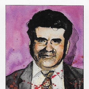 May include: A watercolor illustration of a man with dark hair and a mustache, wearing a suit and tie. The man is smiling and has blood splattered on his shirt and tie. The background is a purple watercolor wash. The text "JUAN CORONA" is printed below the image.