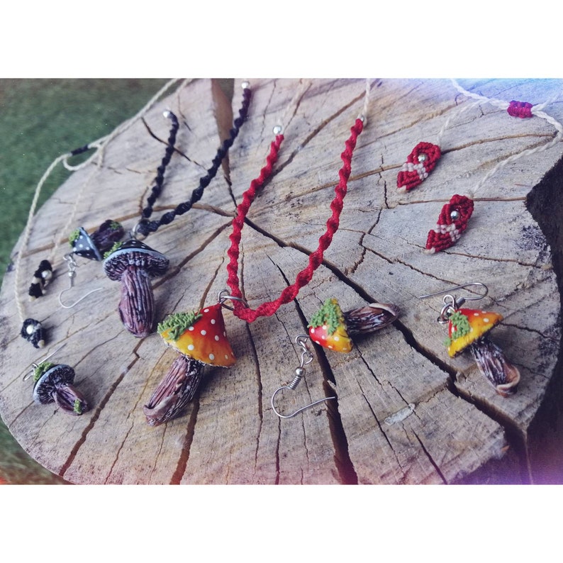 Forest Jewelry Porcelain Mushroom Earrings Porcelain Mushroom Pendant Porcelain /& Macrame Jewelry Forest Necklace Porcelain Jewelry Set