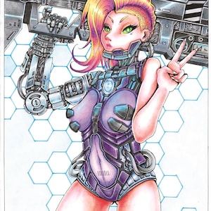 Cyberpunk original character design 80s retro new retro anime art cyborg bionic color pencil drawing with plastic A4 black frame