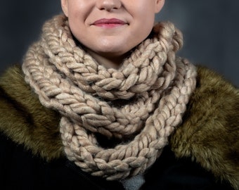 Hand Knit Beige Chunky Infinity Statement Rope Scarf