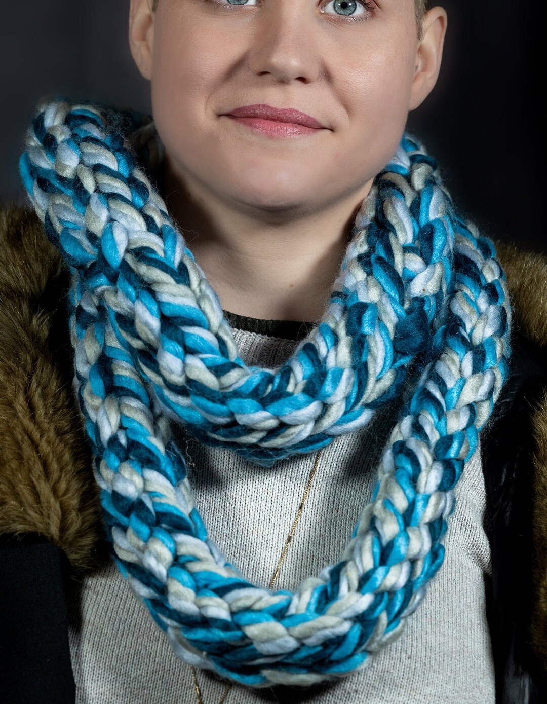 Hand Knit Blue Chunky Infinity Statement Scarf - Etsy