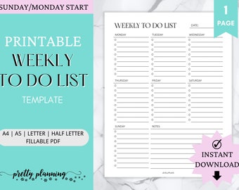 Weekly To Do List Printable | Productivity Planner | Weekly Planner | Task List Template | A4/A5/Letter/Half Letter | Fillable PDF