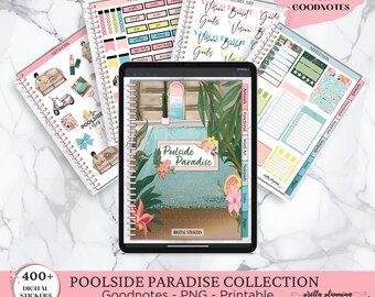 May include: A digital sticker collection for Goodnotes featuring a tropical theme with a poolside paradise design. The collection includes stickers with a variety of tropical elements, such as palm trees, pineapples, and flamingos. The stickers are in a variety of colors, including pink, blue, green, and yellow. The collection also includes stickers with text, such as "Poolside Paradise" and "Digital Stickers".