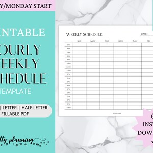 Hourly Weekly Schedule Landscape | Weekly Planner Printable | Agenda | Week At a Glance | A4/A5/Letter/Half Letter | Sunday/Monday Start
