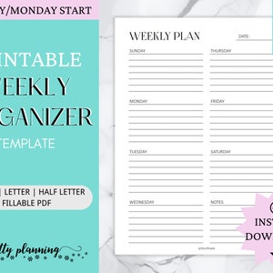 Weekly Organizer | Weekly Schedule | Weekly Planner Printable To Do List | Week At a Glance | Weekly Agenda | A4/A5/Letter/Half Letter
