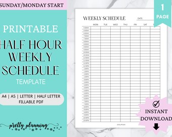 Half Hour Weekly Schedule | Weekly Planner Printable | Weekly Agenda | Week At a Glance | A4/A5/Letter/Half Letter | Weekly To Do List