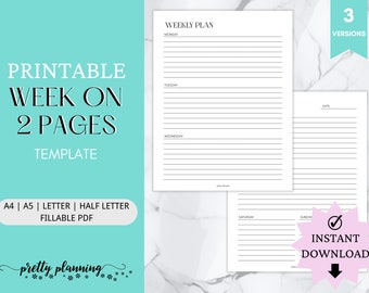Week on 2 Pages | Minimal Weekly Planner | Weekly Agenda | Week At a Glance | A4/A5/Letter/Half Letter | Weekly Schedule | Planner Inserts