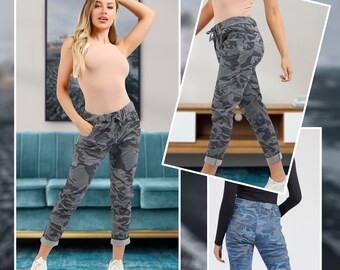 Dames Femmes Italien Stretch Camouflage Armée Pantalon Magic Drawstring Joggers