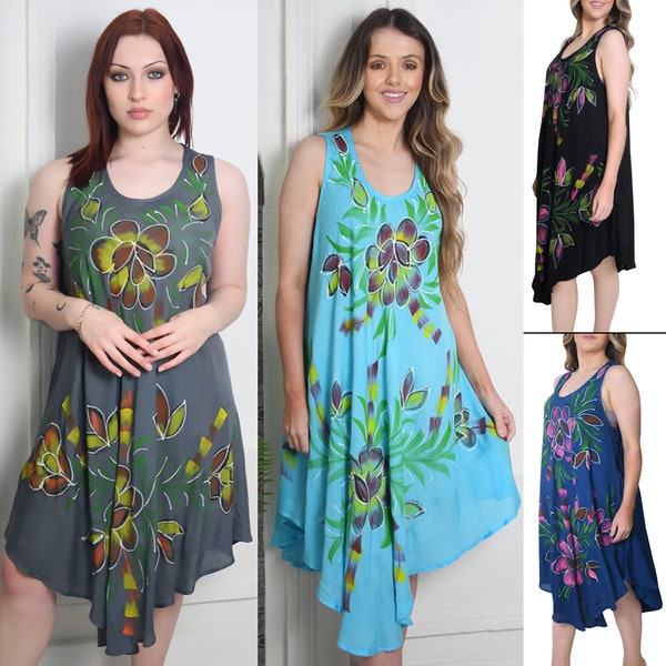 Womens Round Neck Flower Print Umbrella Rayon Dress Ladies Lagenlook Top Summer