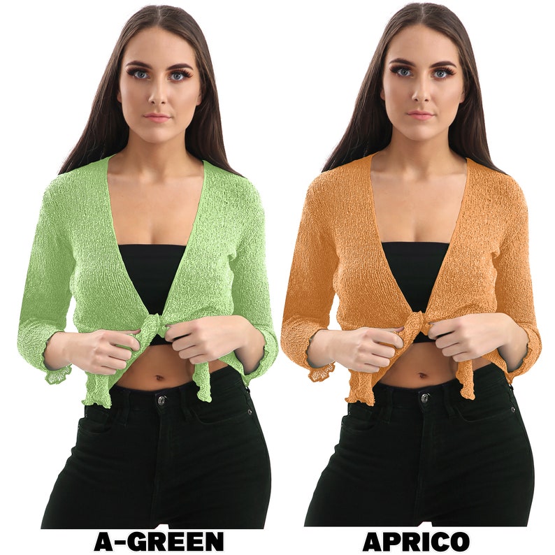 Women Super Stretchy Knitted Tie up Cardigan Fish Net Bolero Shrug Top Ladies Long Sleeves Blouse Lightweight One Size image 8