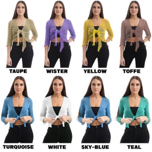 Frauen Super Stretchy Strick Tie up Cardigan Fischnetz Bolero Shrug Top Damen Lange Ärmel Bluse Leicht One Size Bild 2