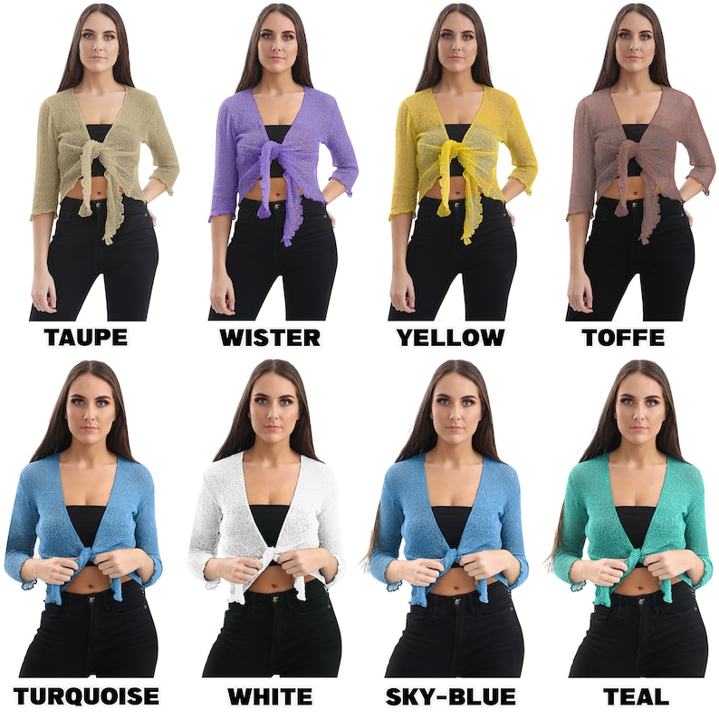 Women Super Stretchy Knitted Tie up Cardigan Fish Net Bolero Shrug Top Ladies Long Sleeves Blouse Lightweight One Size image 2