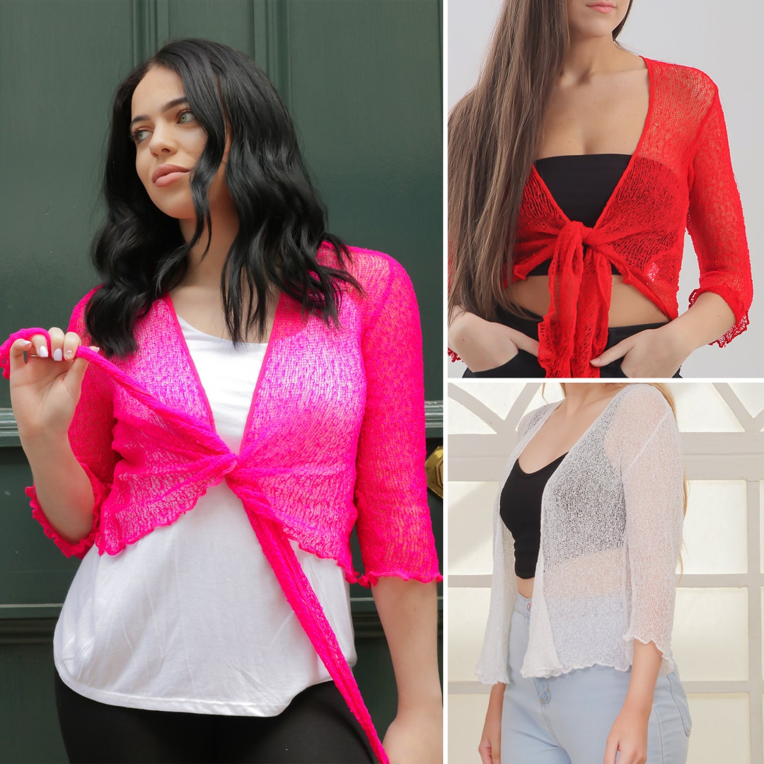 Women's Cable Knit Coral Open Front Shrug with Pockets