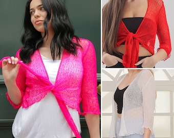 Womens Tie Up Open Front Shrug Ladies Knitted Cropped Bolero Short Cardigan Top