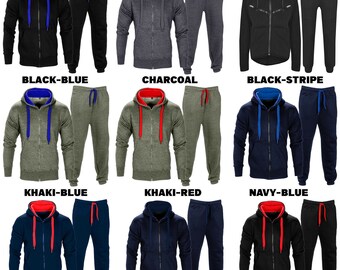 Mens Tracksuit Contrast Cord Set Fleece Zip Hoodie Top Bottoms Jogging Joggers Gym Casual Running Club Sport Sweat Suit Pants Plus Sizes