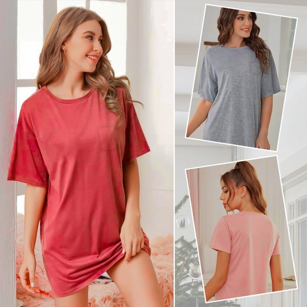 Women’s Plain Cotton Night Wear Long T-shirt soft and comfy Nightdress With Front Pocket Nightgown Sleepwear 100% Cotton Top plus Size S-3XL