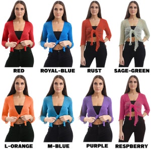 Women Super Stretchy Knitted Tie up Cardigan Fish Net Bolero Shrug Top Ladies Long Sleeves Blouse Lightweight One Size 画像 3