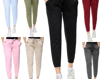 Womens Full Length Close Hem Plain Slim Fit Yoga Sweatpants Workout Elasticated Jogging Bottom Fleece Trousers Sports Pocket Tracksuit Pants